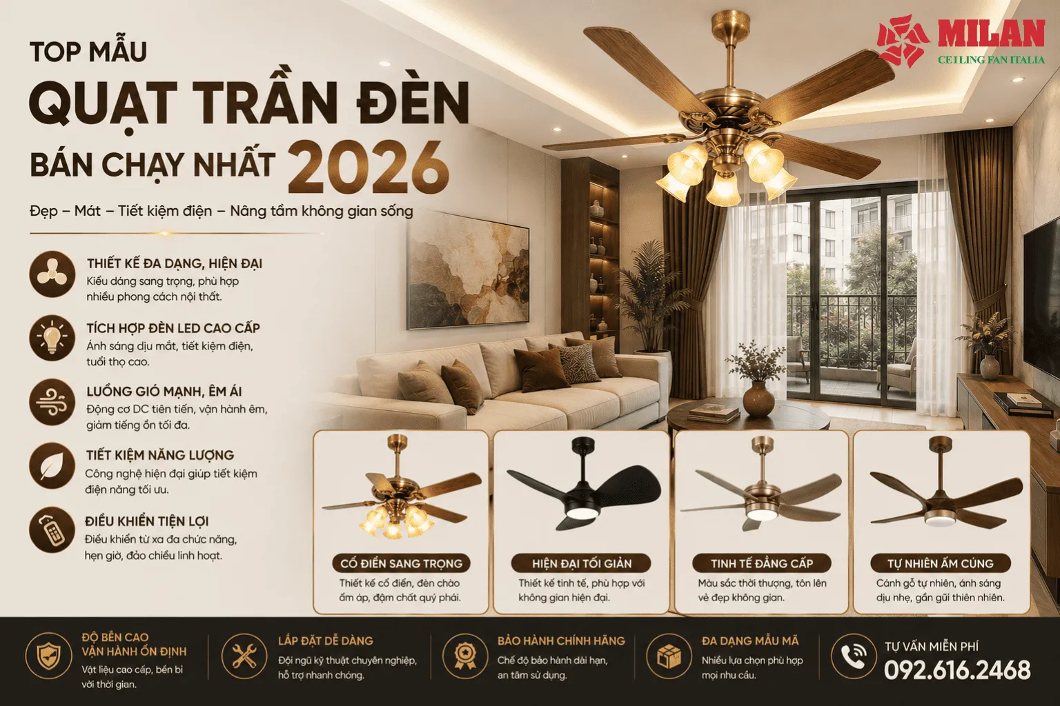 quạt trần đèn MILAN theo không gian